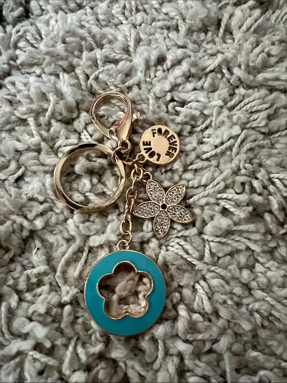 Lucky Brand Gold-Tone Keyring with Teal Flower Cutout and Crystal Charm
